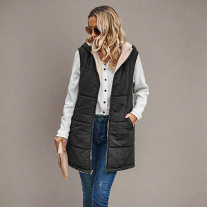 Black Sherpa Lined Hooded Long Puffer Vest