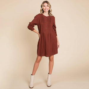 Long Sleeve Double Gauze Henley Tunic Cotton Dress