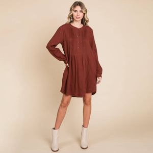 Long Sleeve Double Gauze Henley Tunic Cotton Dress