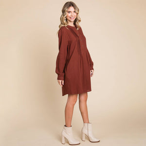 Long Sleeve Double Gauze Henley Tunic Cotton Dress