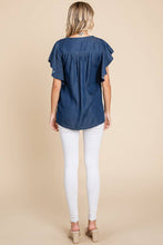 Load image into Gallery viewer, Dark Denim Chambray Flutter Sleeve Top