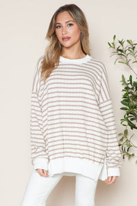 Side Slit Bubble Cotton Stripe Tunic Sweatshirt