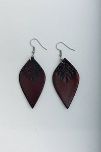 Engraved Leaf Leather Earrings