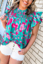 Load image into Gallery viewer, Teal Floral Flutter Sleeve Blouse