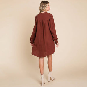 Long Sleeve Double Gauze Henley Tunic Cotton Dress