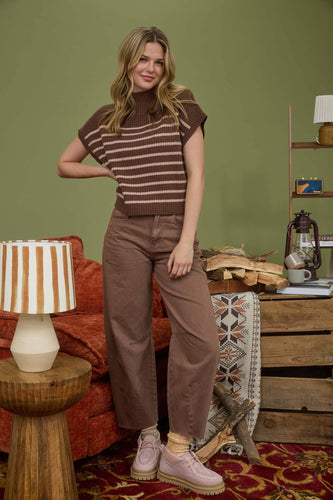 Chocolate Brown Mock Neck Striped Sweater