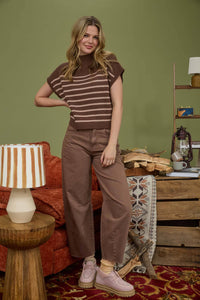 Chocolate Brown Mock Neck Striped Sweater
