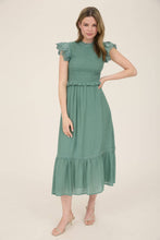 Load image into Gallery viewer, Smocked Eyelet Trim Ruffle Detail Midi Dress