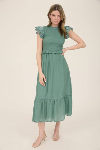 Smocked Eyelet Trim Ruffle Detail Midi Dress