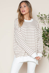 Side Slit Bubble Cotton Stripe Tunic Sweatshirt