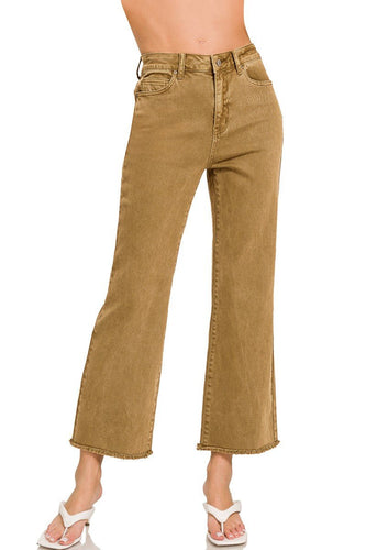 Camel Frayed Hem Boot Cut Pants