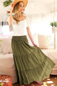 Smocked Waisted Flowy Tiered Boho Maxi Skirt