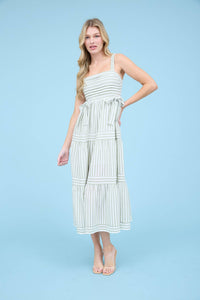 Light Olive Striped Detail Midi Dress