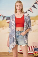Load image into Gallery viewer, Dusty Blue Damask Patchwork Kimono styled with red cropped tank and denim cutoff shorts