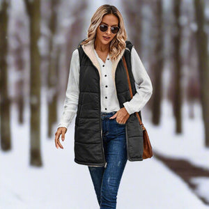 Black Sherpa Lined Hooded Long Puffer Vest