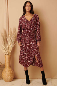 V-Neck Wine Floral Midi Wrap Dress