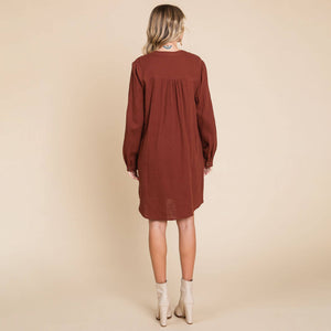 Long Sleeve Double Gauze Henley Tunic Cotton Dress