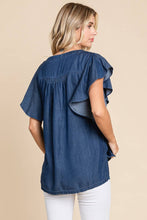 Load image into Gallery viewer, Dark Denim Chambray Flutter Sleeve Top