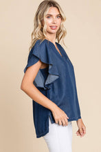 Load image into Gallery viewer, Dark Denim Chambray Flutter Sleeve Top