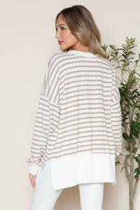 Side Slit Bubble Cotton Stripe Tunic Sweatshirt