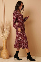 Load image into Gallery viewer, V-Neck Wine Floral Midi Wrap Dress