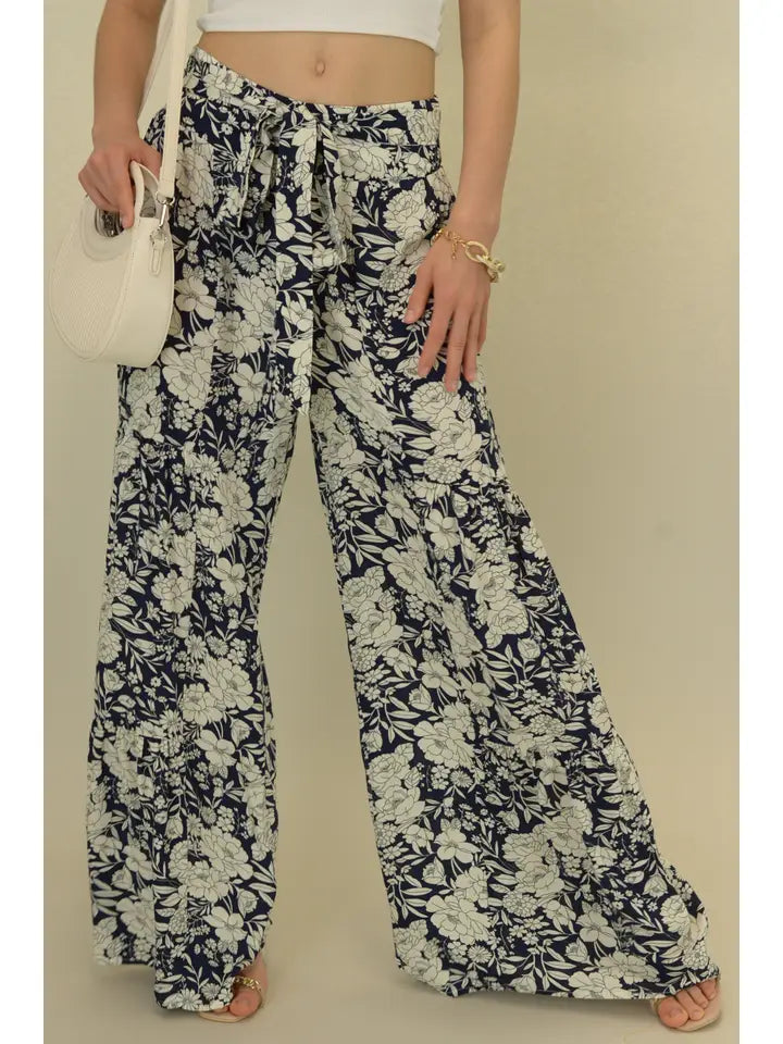 Navy & Ivory Floral Print Wide Leg Pant