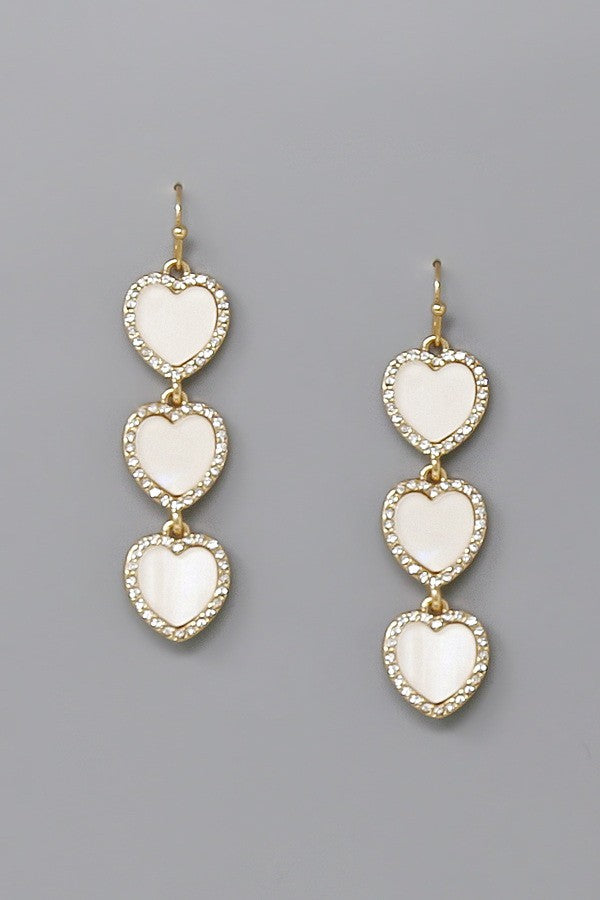 Off White & Gold Triple Heart Dangle Earrings