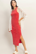 Load image into Gallery viewer, Red Acid Washed Ribbed Midi Tank Dress styled with Ivory Lace Floral Kimono