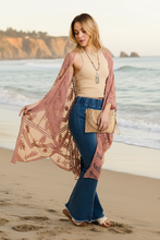 Load image into Gallery viewer, Modern Paper Weave Envelope Clutch in tan styled with Dusty Rose Long Lace Kimono
