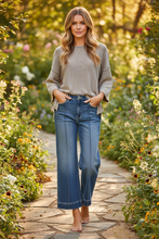 Load image into Gallery viewer, Washed 3/4 Sleeve Boxy Sweater styled with wide leg jeans - front