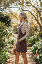 Load image into Gallery viewer, Mahogany Overall Dress + Floral Mesh Top - outdoor side walking