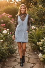 Load image into Gallery viewer, Overall Dress styled with floral mesh top and short black boots