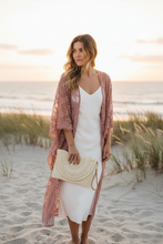 Load image into Gallery viewer, Modern Paper Weave Envelope Clutch in ivory styled with Dusty Rose Long Lace Kimono
