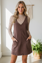 Load image into Gallery viewer, Mahogany Overall Dress styled with floral mesh top - front