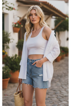 Load image into Gallery viewer, Lightweight Linen Blend Top styled with jean shorts and crop top