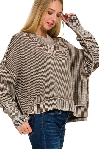 Washed Side Slit Oversized Cropped Sweater