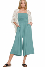 Load image into Gallery viewer, Model wearing Ivory Lace Kimono over Dusty Teal Jumpsuit