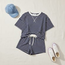 Load image into Gallery viewer, Navy &amp; White Striped Short Set flat lay with denim cap and white sneakers