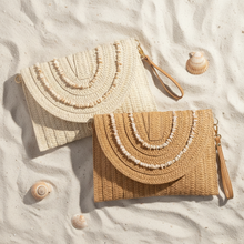 Load image into Gallery viewer, Shell Beaded Clutch — Sand Flat Lay Corrected