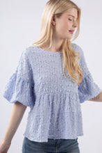 Load image into Gallery viewer, Crinkle Pom Pom Puff Sleeve Babydoll Top
