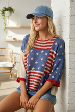 Load image into Gallery viewer, USA Patchwork Summer Sweater styled with denim cap