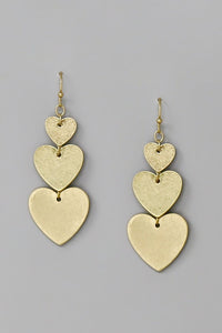 Worn Gold Triple Heart Dangle Earrings