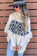 Load image into Gallery viewer, Ivory &amp; Black Fringe Poncho Sweater