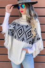 Load image into Gallery viewer, Ivory &amp; Black Fringe Poncho Sweater