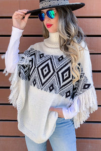Ivory & Black Fringe Poncho Sweater
