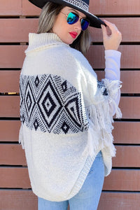 Ivory & Black Fringe Poncho Sweater